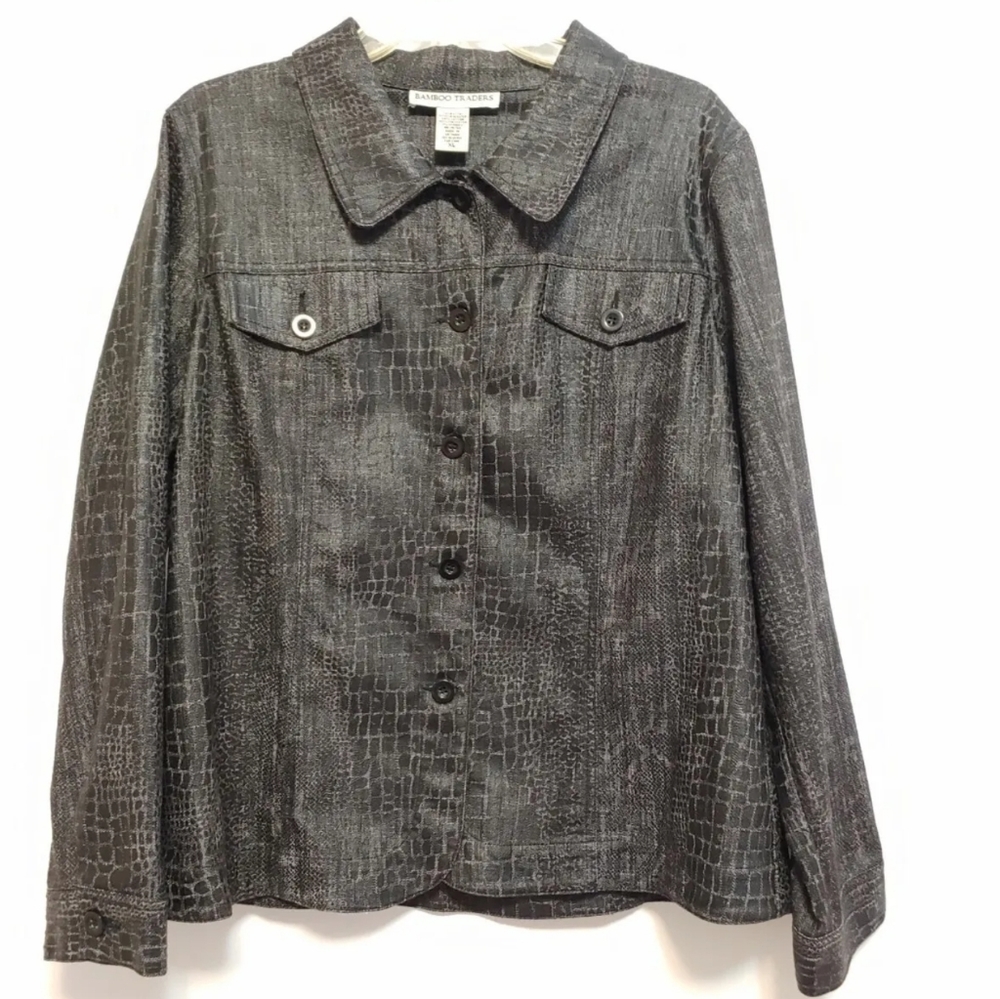 Bamboo Traders Women's Black Gray Snake Skin Button Up Denim Blazer Jacket XL